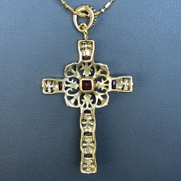 CAMROSE & KROSS Jacqueline Kennedy JBK Red & Gold Cross Necklace in Box - Picture 5 of 8